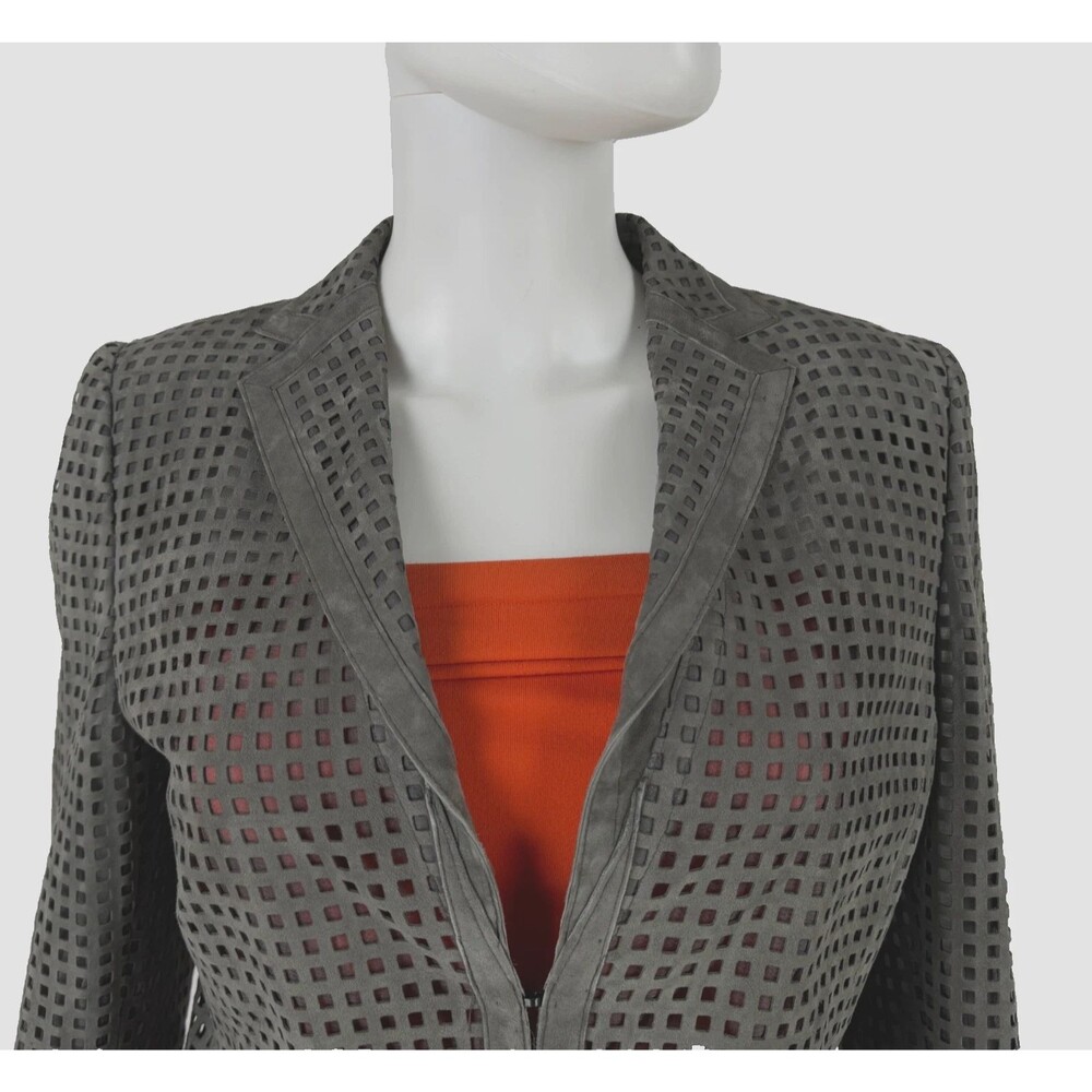 $5K Akris Gray Laser Cut Lamb Suede Leather Jacket Coat 10 US 46 IT 40 M Runway - Picture 2 of 6